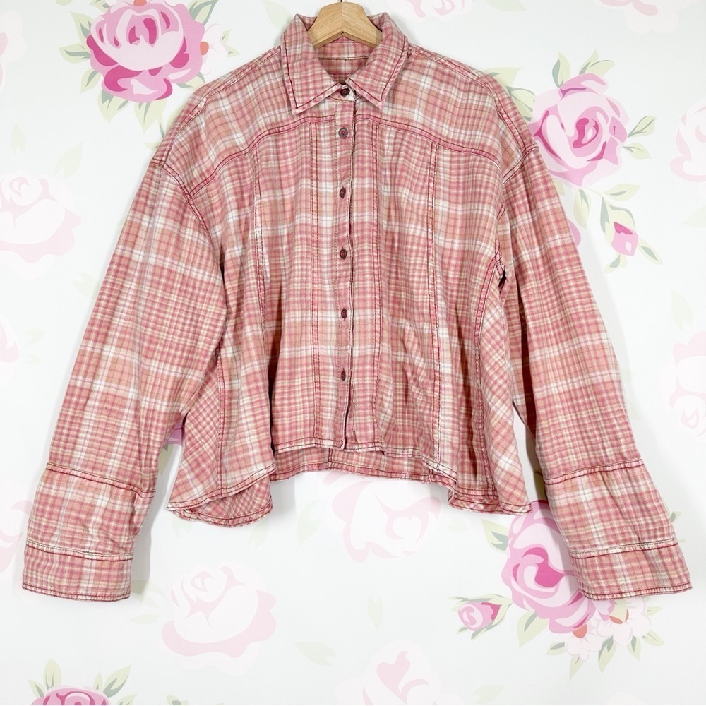 NEW Free People Pink Plaid Long Sleeve Button Down Shirt Top S
